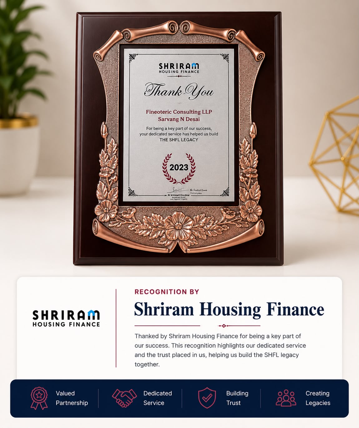 Shriram Housing Finance — award presented to Fineoteric Consulting Pvt. Ltd.