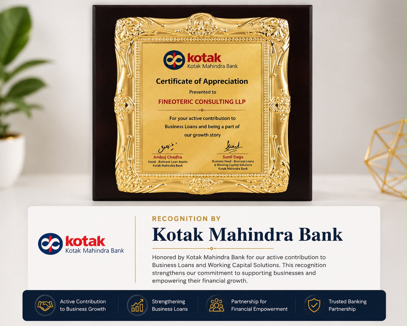 Kotak Mahindra Bank — award presented to Fineoteric Consulting Pvt. Ltd.
