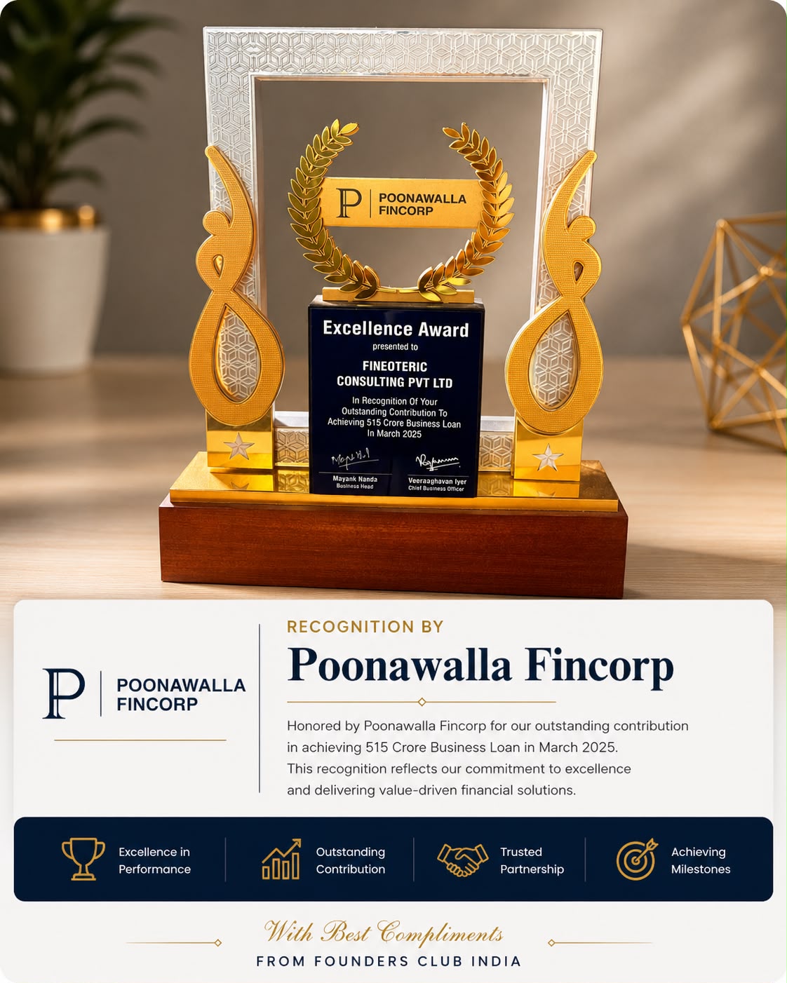 Poonawalla Fincorp — award presented to Fineoteric Consulting Pvt. Ltd.