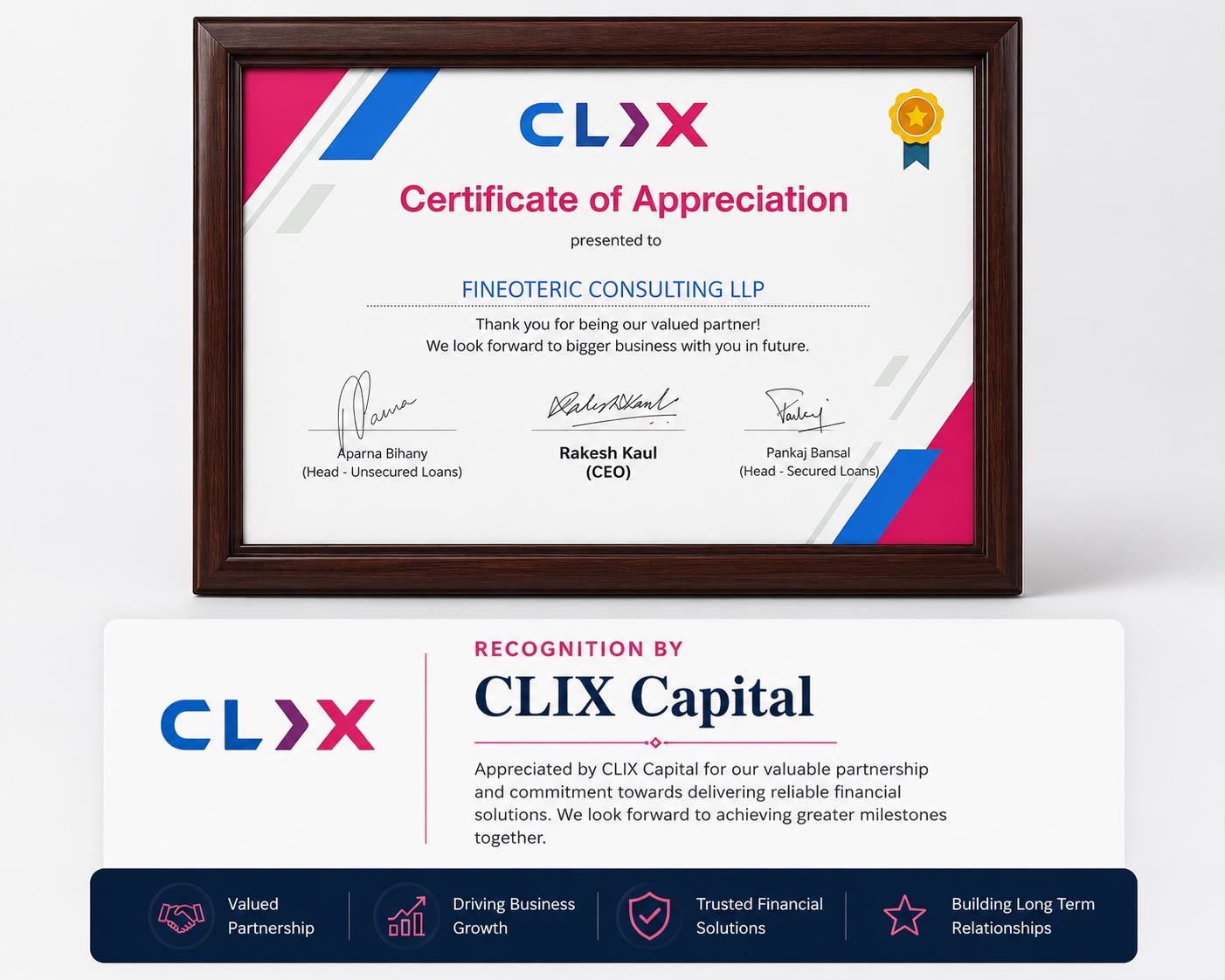 CLIX Capital — award presented to Fineoteric Consulting Pvt. Ltd.